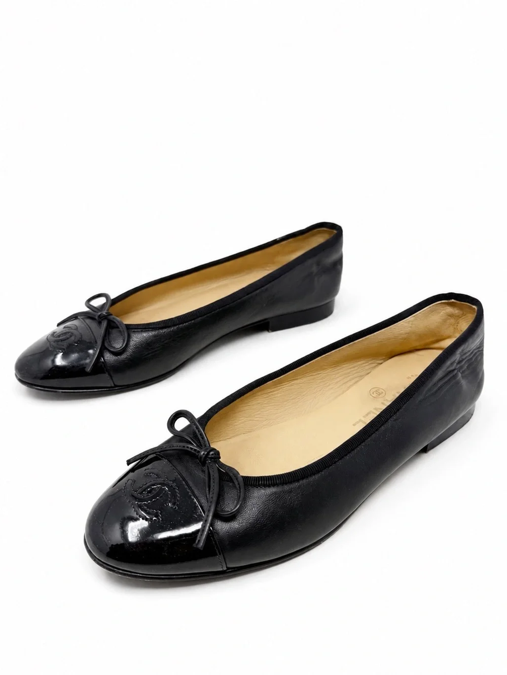 Chanel CC Cap Toe Leather Ballet Flats Black Womens EU 37.5